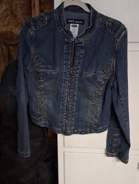 Women's Dark Blue Denim Jacket with Lace-Up Details